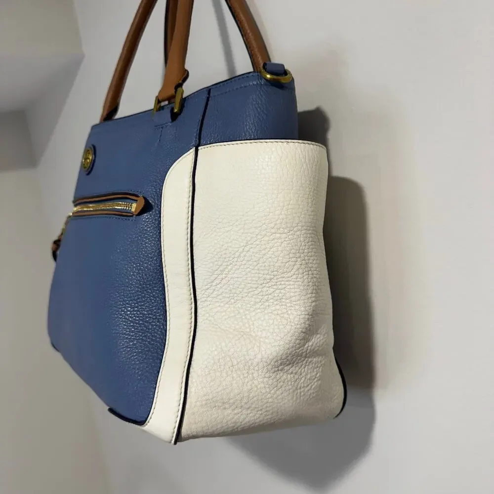 Tory Burch Frances Satchel Pebbled Leather Blue White Brown Colorblock Tote